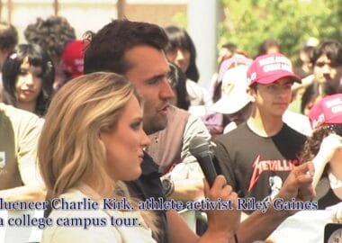 Charlie Kirk and Megan Riley in a college campus tour.